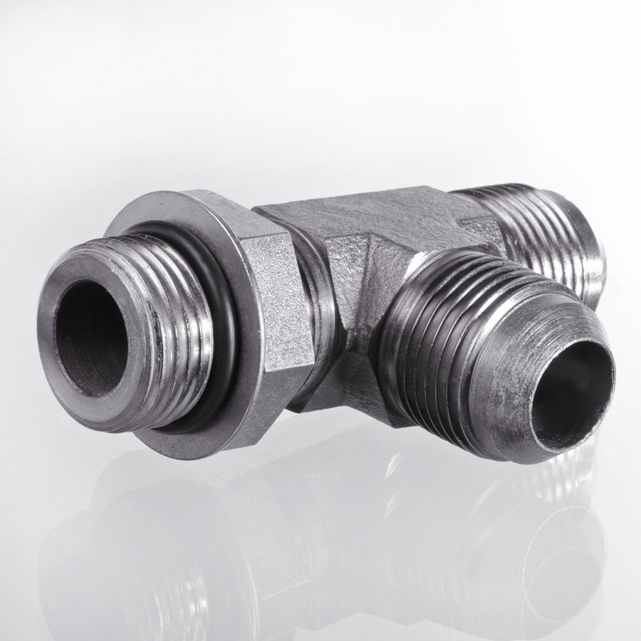 Тройник JIC L-форма, два штуцера JIC — штуцер UNF с OR
