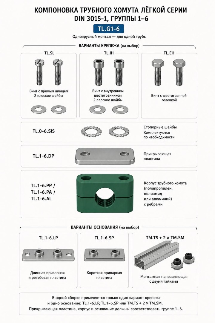 Компоновка трубного хомута лёгкой серии DIN 3015-1, группы 1–6